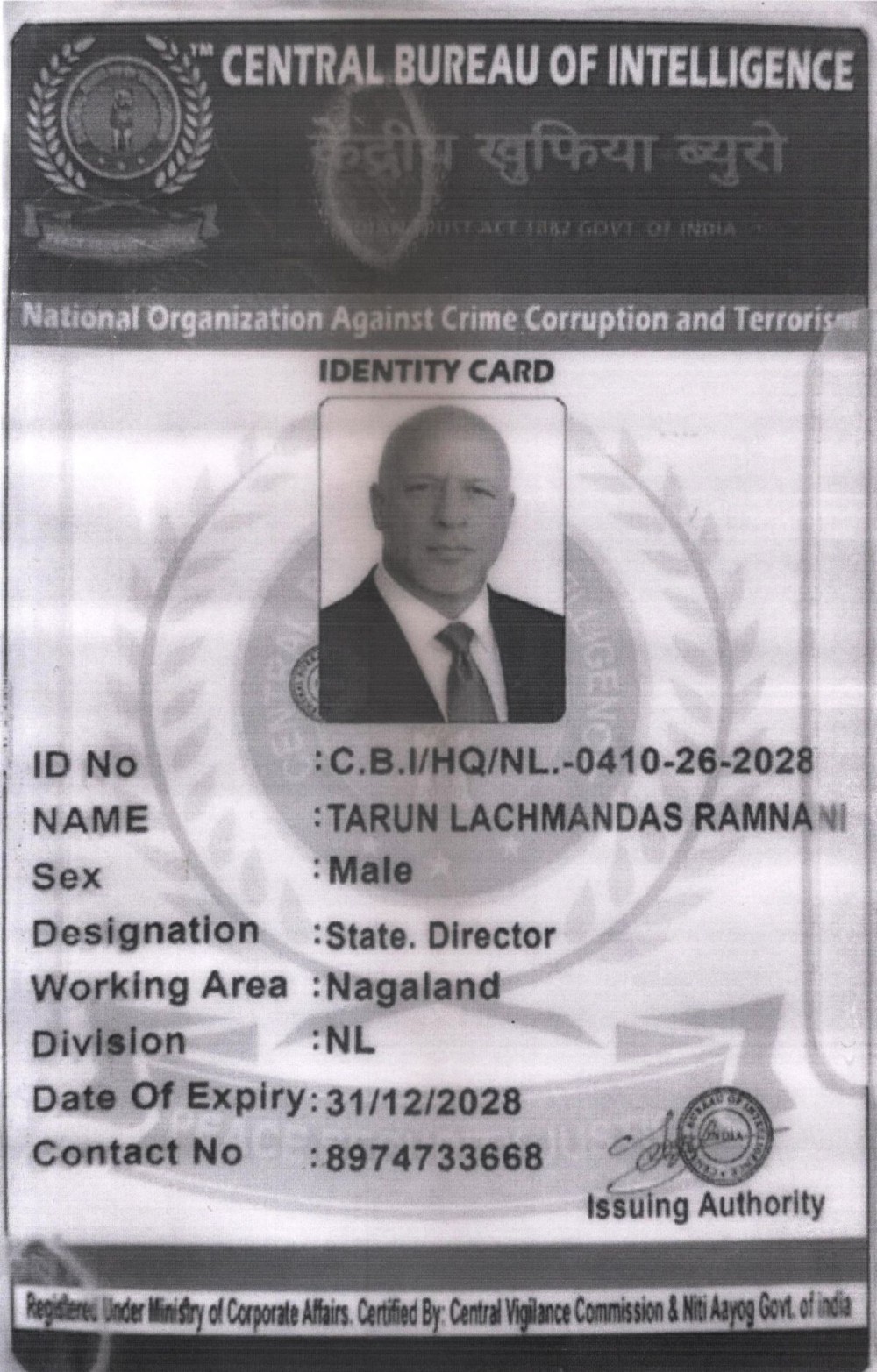 The identity card bearing the name “CBI (Central Bureau of Intelligence)” used by Tarun Lachmandas Ramnani. (Photo Courtesy: Dimapur Police)